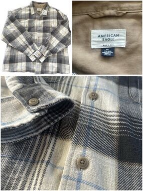 American Eagle Outfitters Men’s Beige, Gray & Blue Plaid Button-Down Shirt